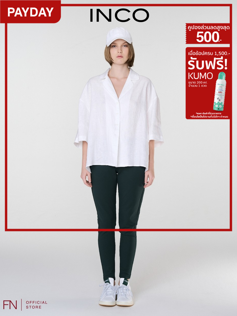 INCO LINEN เสื้อเชิ้ตลินินโอเวอร์ไซส์ เสื้อลินินแขนสั้น ผ่าข้าง สำหรับผู้หญิง ราคา 1,376 บาท*ส่งฟรี