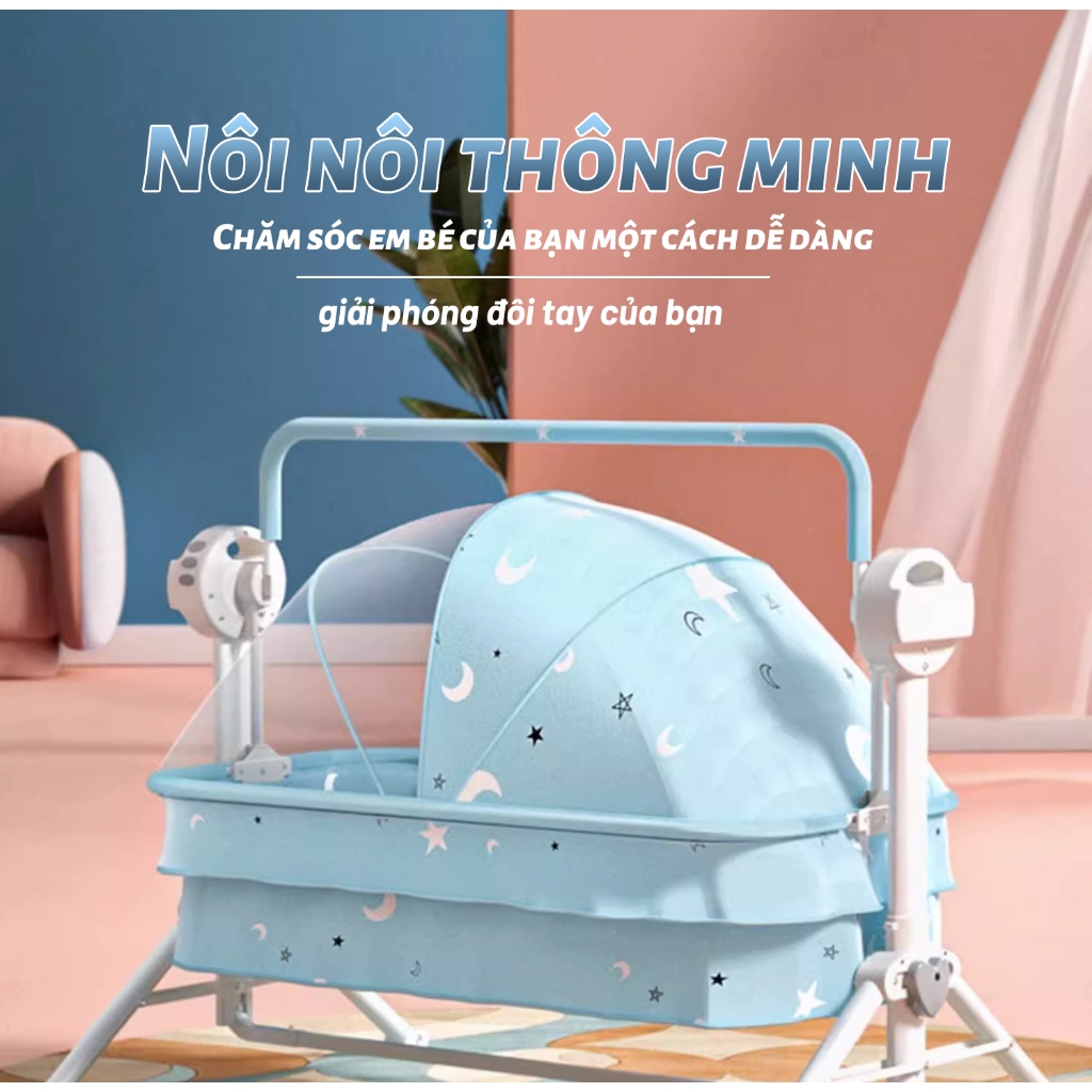 Nôi điện cho bé có điều khiển từ xa chất liệu êm ái an toàn với bé có khả năng kết nối bluetooth để phát nhạc