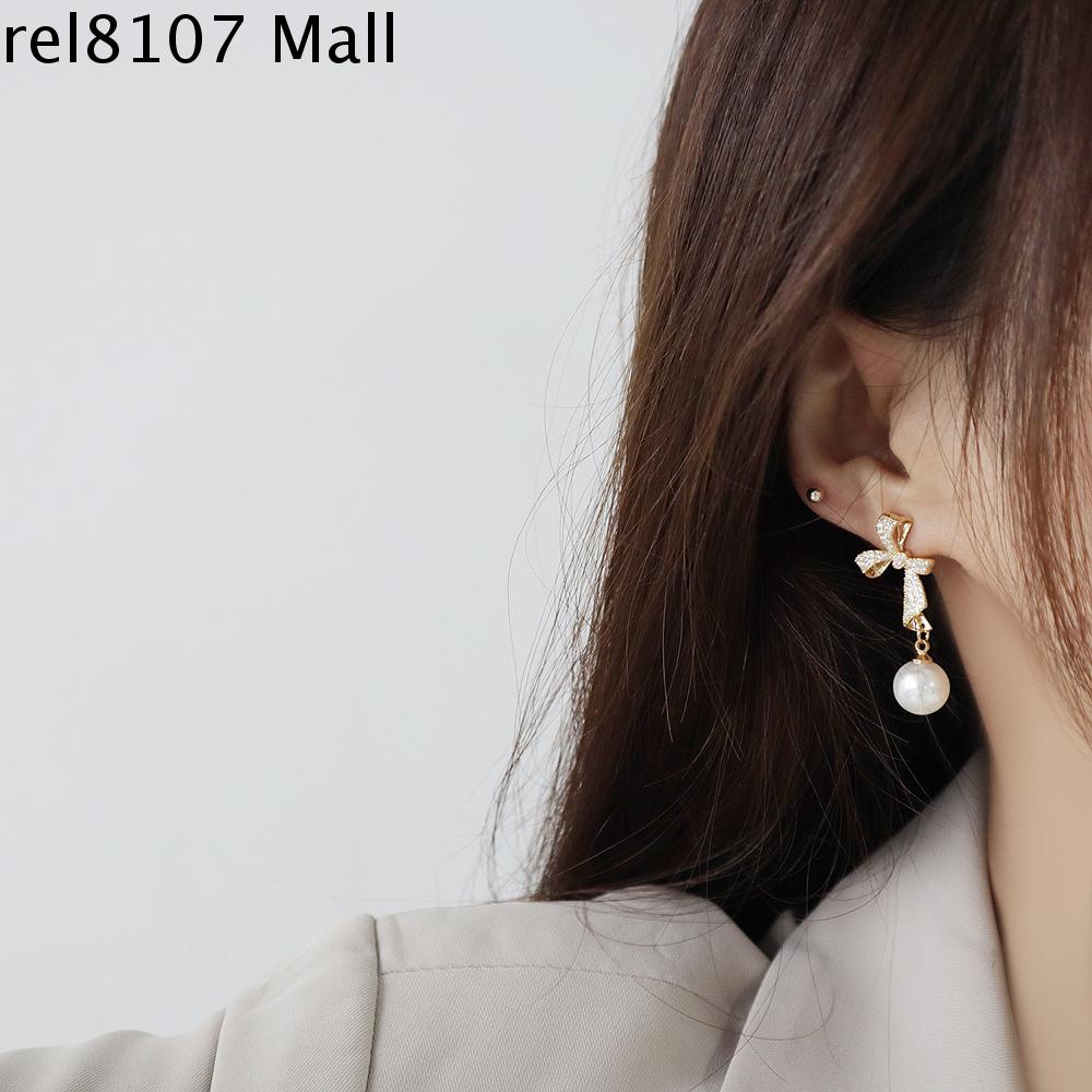 REL8107 Tính cách Dễ thương Các cô gái Phụ nữ Hình học S925 Bông tai đính ngọc trai Cây cung Rhinestone Hoa tai pha lê
