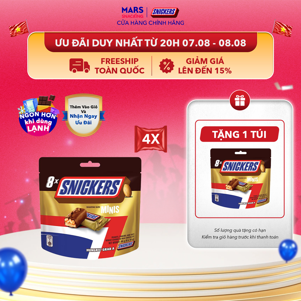 Combo 4 Túi kẹo Sôcôla nhân đậu phộng Snickers MINIs 80g (4 hộp x 8 thanh)