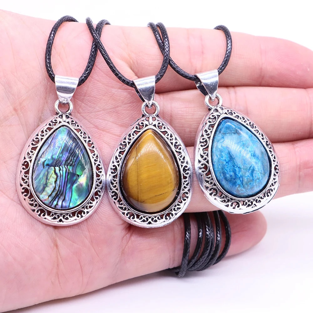 【】 Natural Stone Necklace Water Drop Crystal Opal With Chain Pendants Reiki Healing Gemstones Women