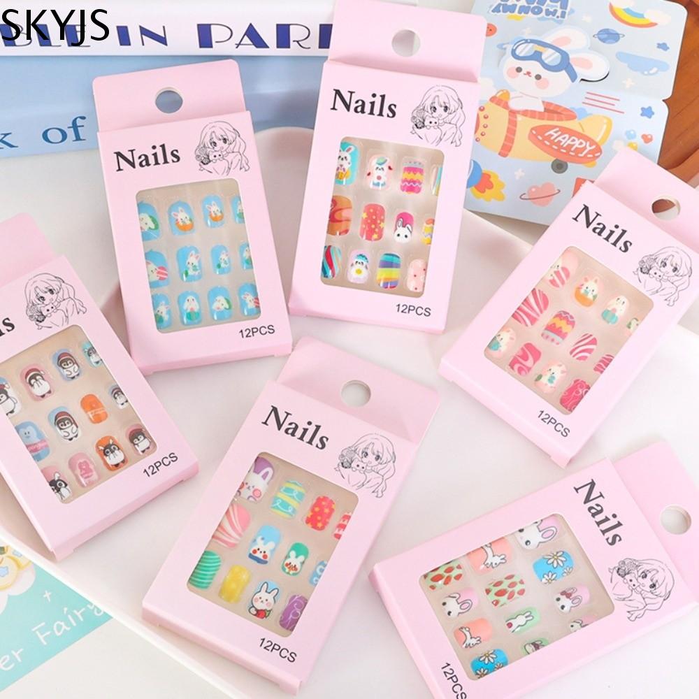 SKYJS Người tuyết bông tuyết Móng tay giả Giáng sinh cho trẻ em Nơ Hoa thỏ Bộ móng giả cho trẻ em Có thể đeo Dụng cụ làm móng Móng tay giả hoạt hình cho trẻ em Tiệc Giáng sinh