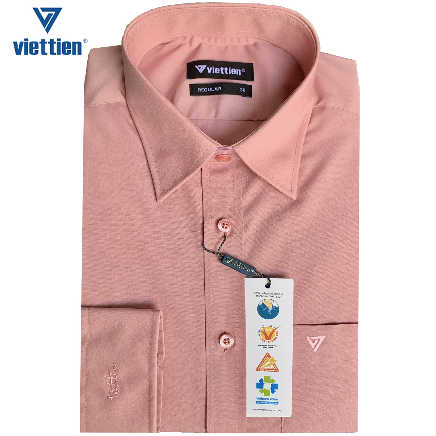 Viettien - Áo sơ mi nam việt tiến dài tay màu hồng đậm 440