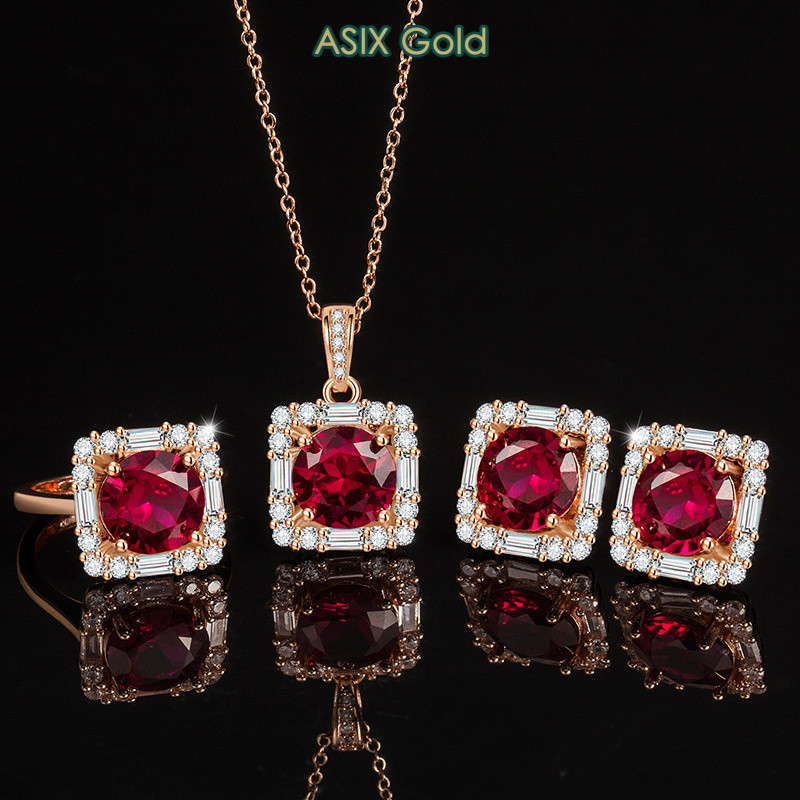 ASIXGOLD New Pigeon Blood Ruby Colored Gem Set - S925 Sterling Silver, Ruby Corundum Pendant, Necklace, Earrings & Ring, Three-Piece Bridal Jewelry ราคา 134 บาท*ส่งฟรี