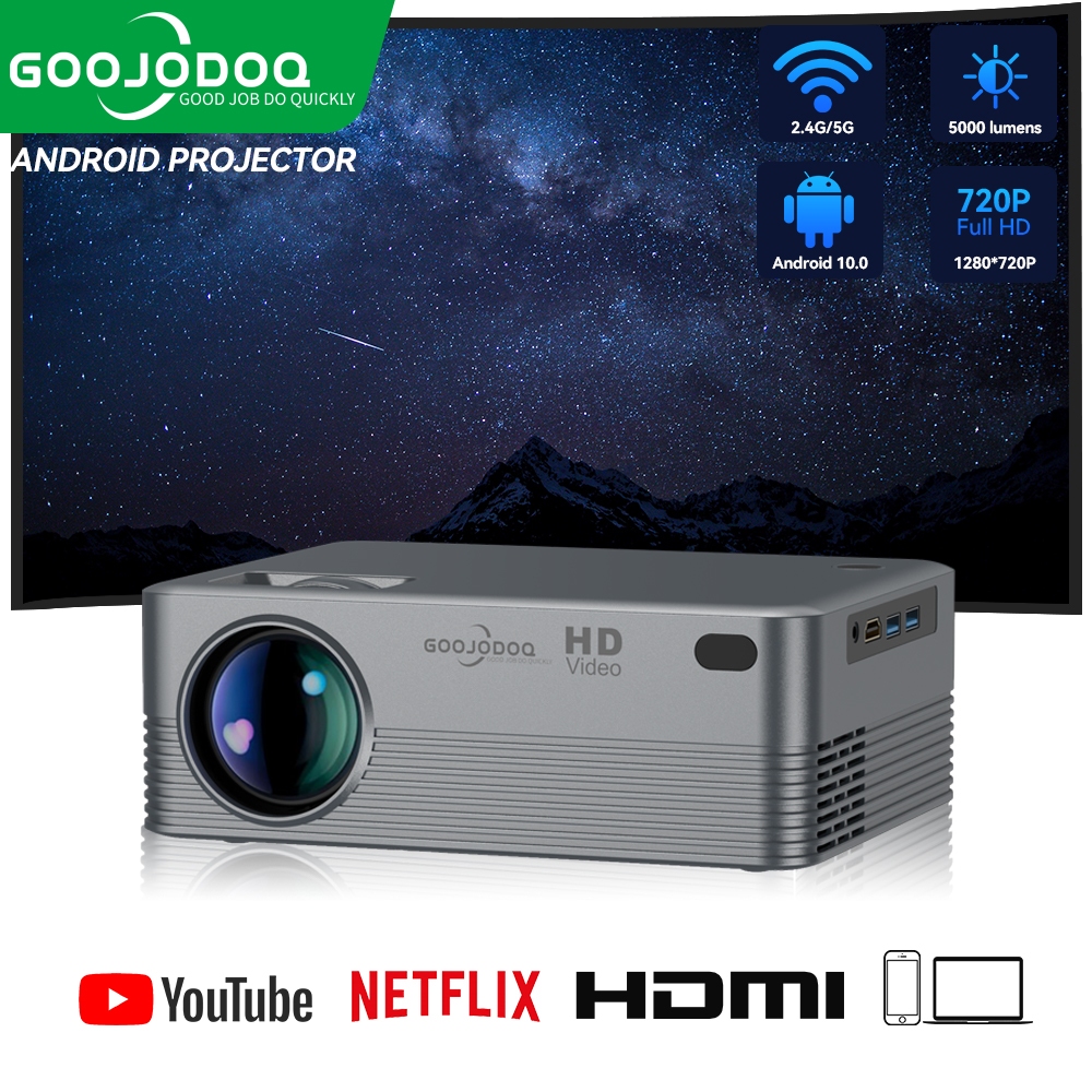 เครื่องโปรเจคเตอร์ มินิโปรเจคเตอร์โฮมเธียเตอร์ GOOJODOQ Protable Mini Projector สําหรับ 1080P Full HD Video Digital Projetor 5G Wifi Android Projector 6000 Lumens Home Cinema แคมป์ปิ้ง