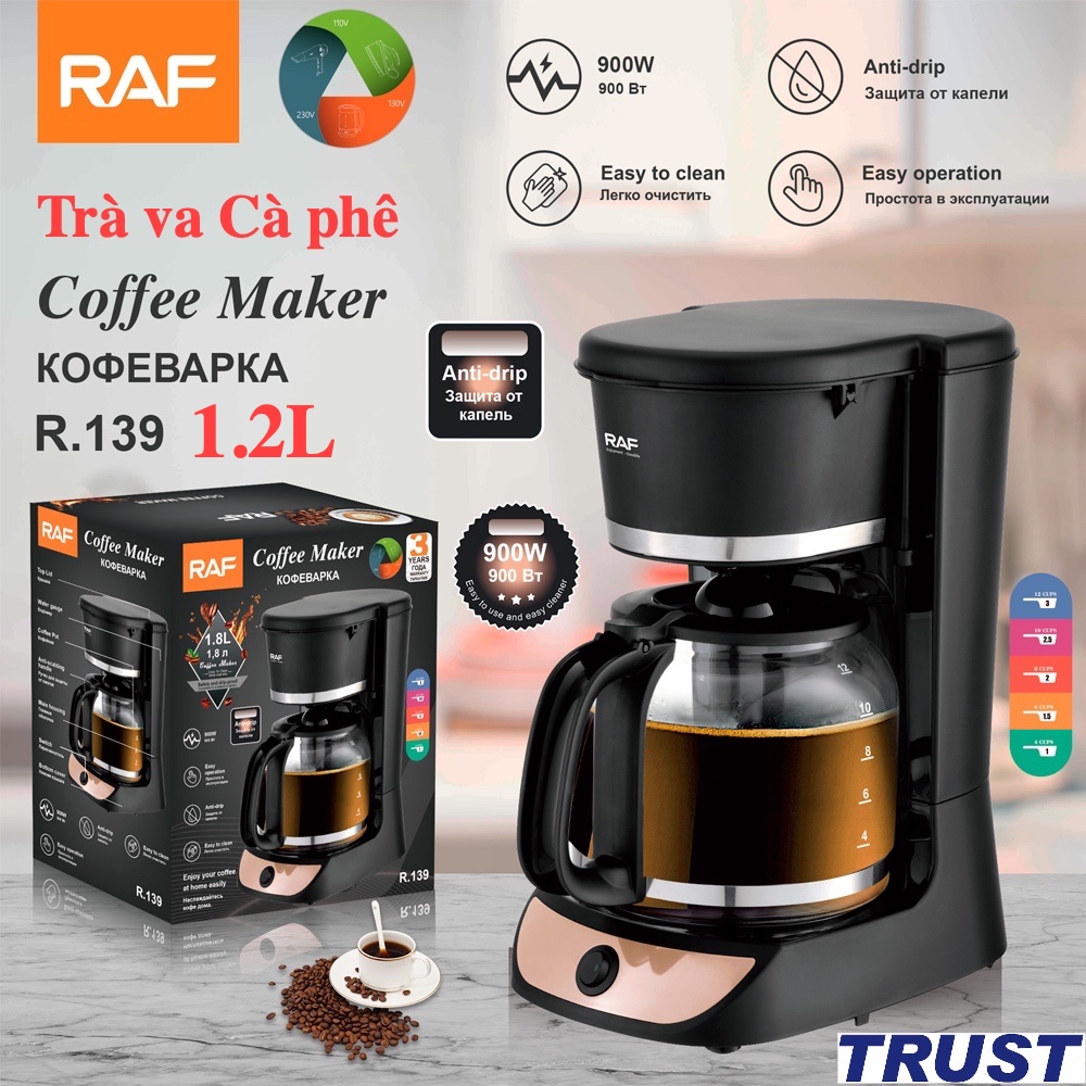 Máy Pha Cà Phê tự động RAF 1.2L-R.139, 0.6L-R.100, Công suất hoạt động 900W,  Tiêu chuẩn Châu Âu -Hàng Chính Hãng