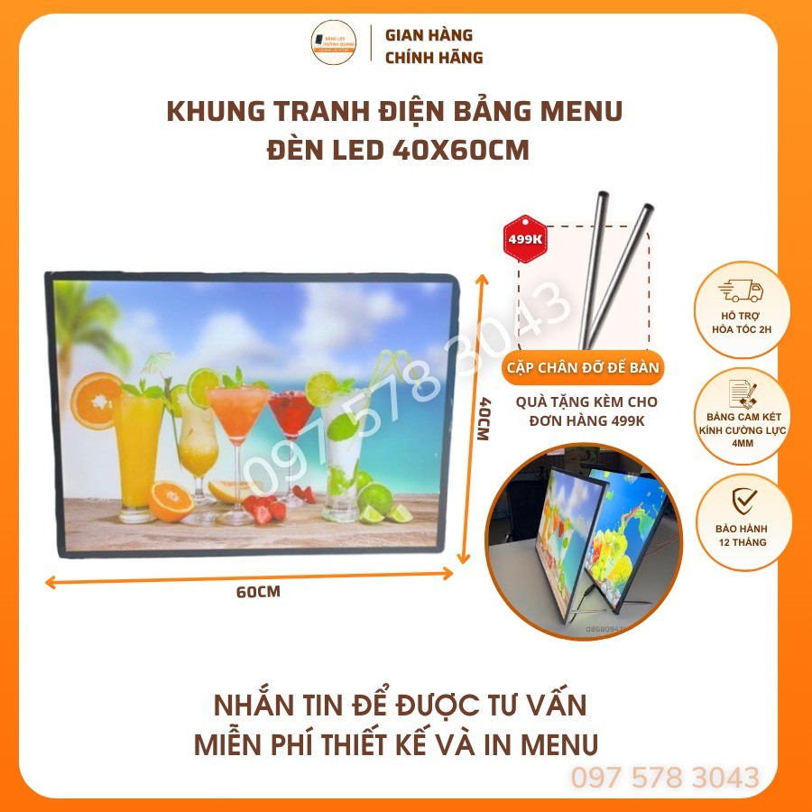 Bảng hộp đèn led menu kích thước 40x60cm, khung tranh điện để bàn, treo tường, hộp đèn quảng cáo
