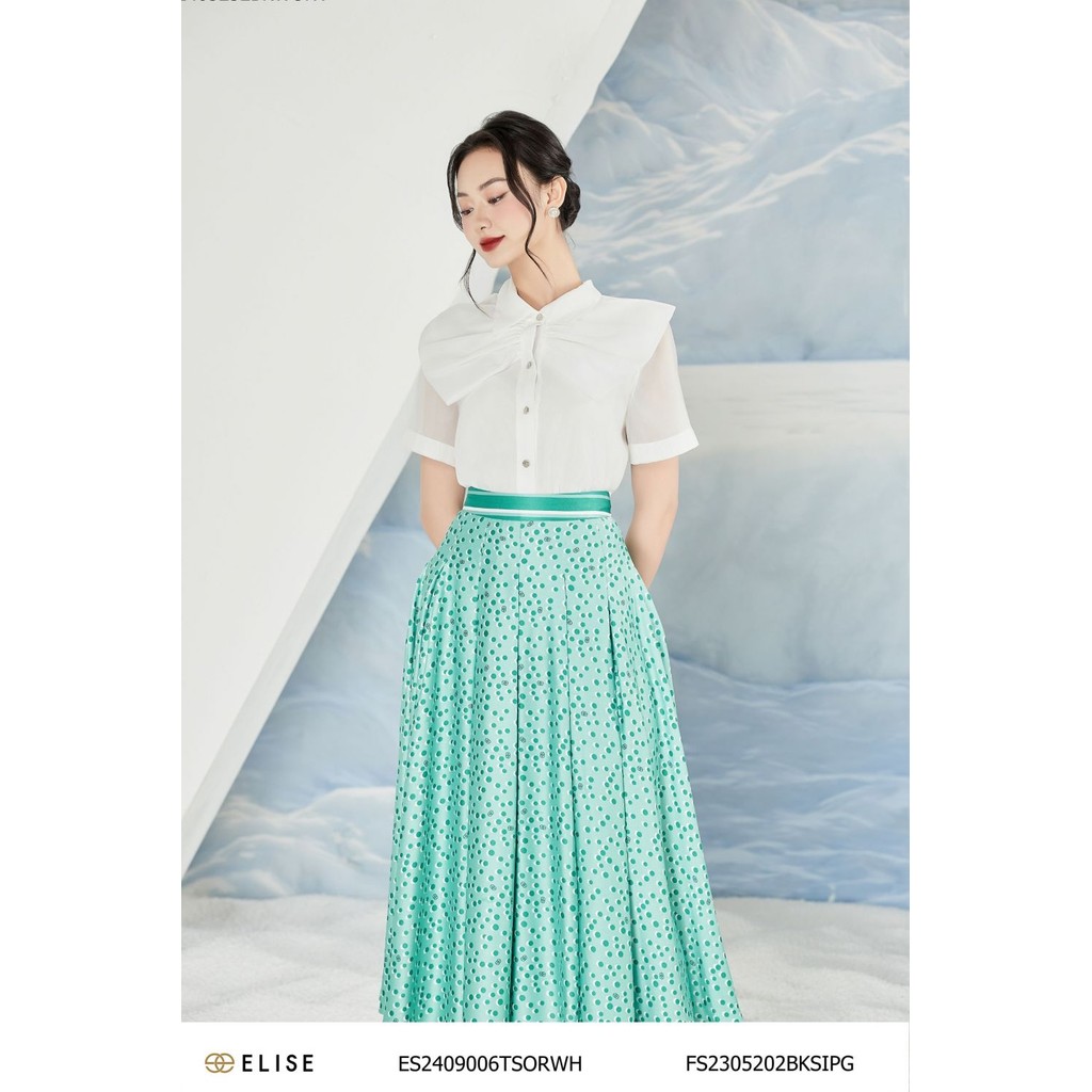 Áo sơ mi tơ trắng nơ cổ thiết kế Elise ES2409006TSORWH
