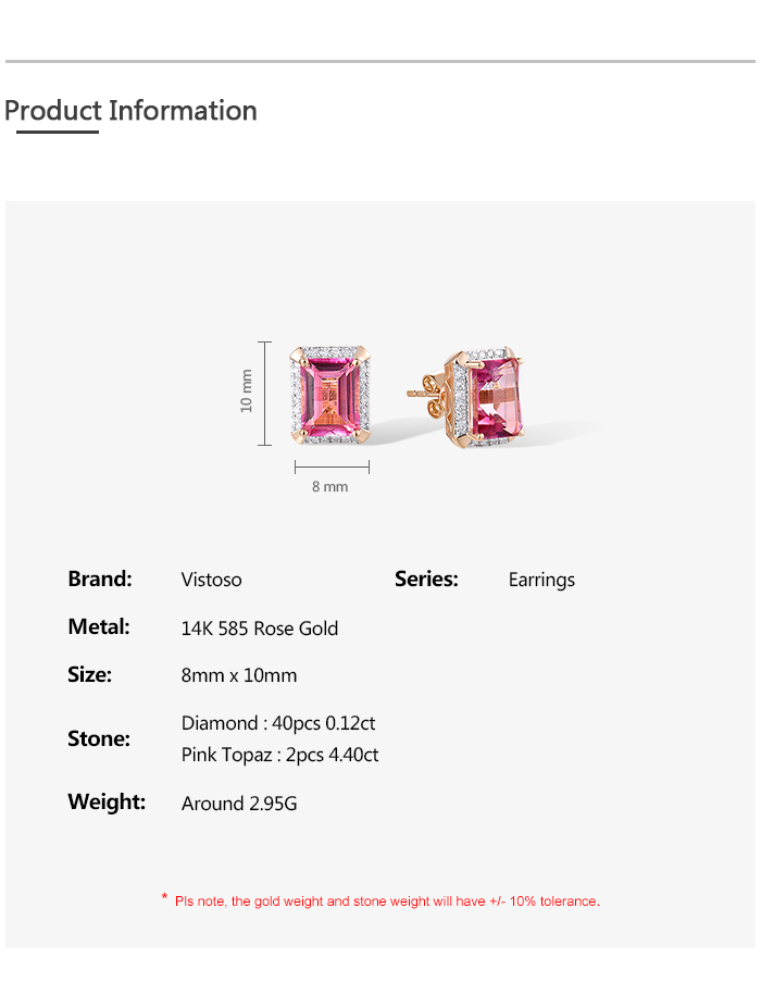 [NVDM] VISTOSO Pure 14K 585 Rose Solitaire Stud Earrings For Women Sparkling Diamond Pink Topaz Elegant Rectangle Fine Wedding Jewelry ☆