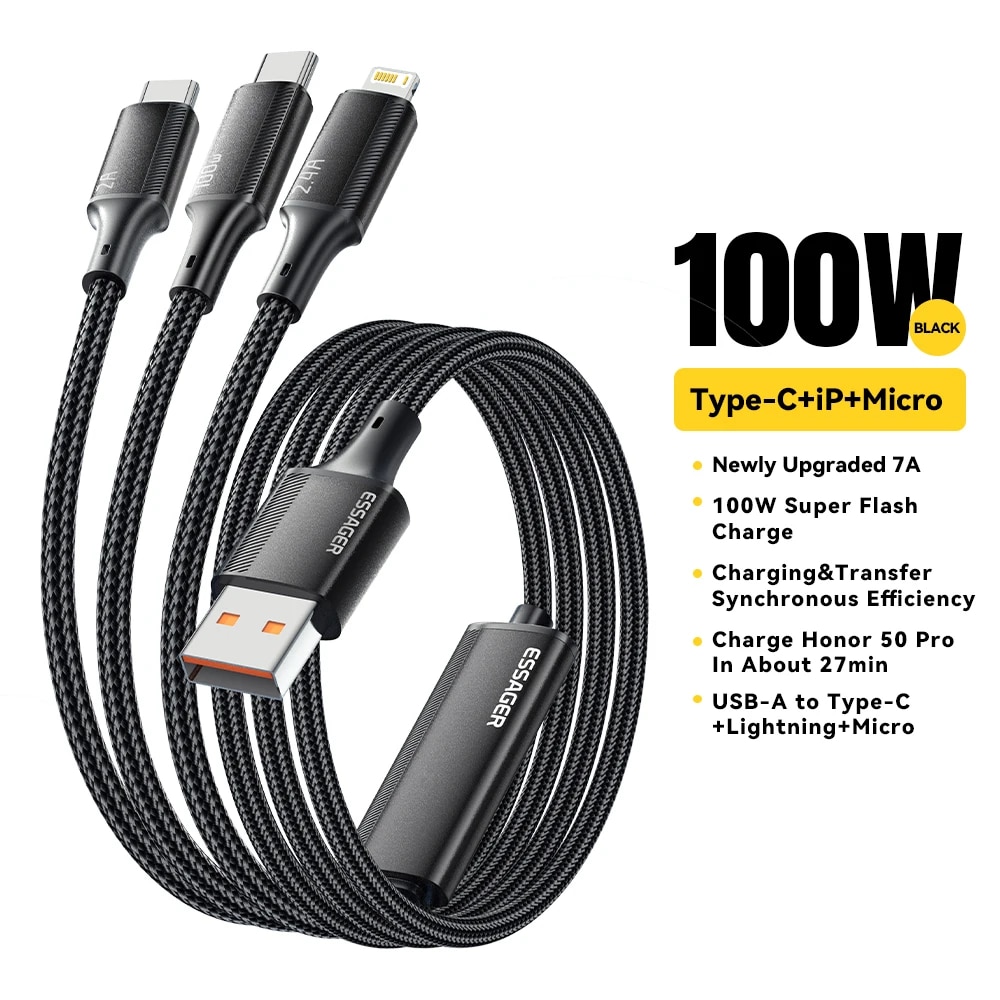 Essager 100W 3 Trong 1 loại USB C Cáp thiết bị sạc nhanh 7A Cáp sạc nhanh Cho iPhone 15 14 13 12 Pro