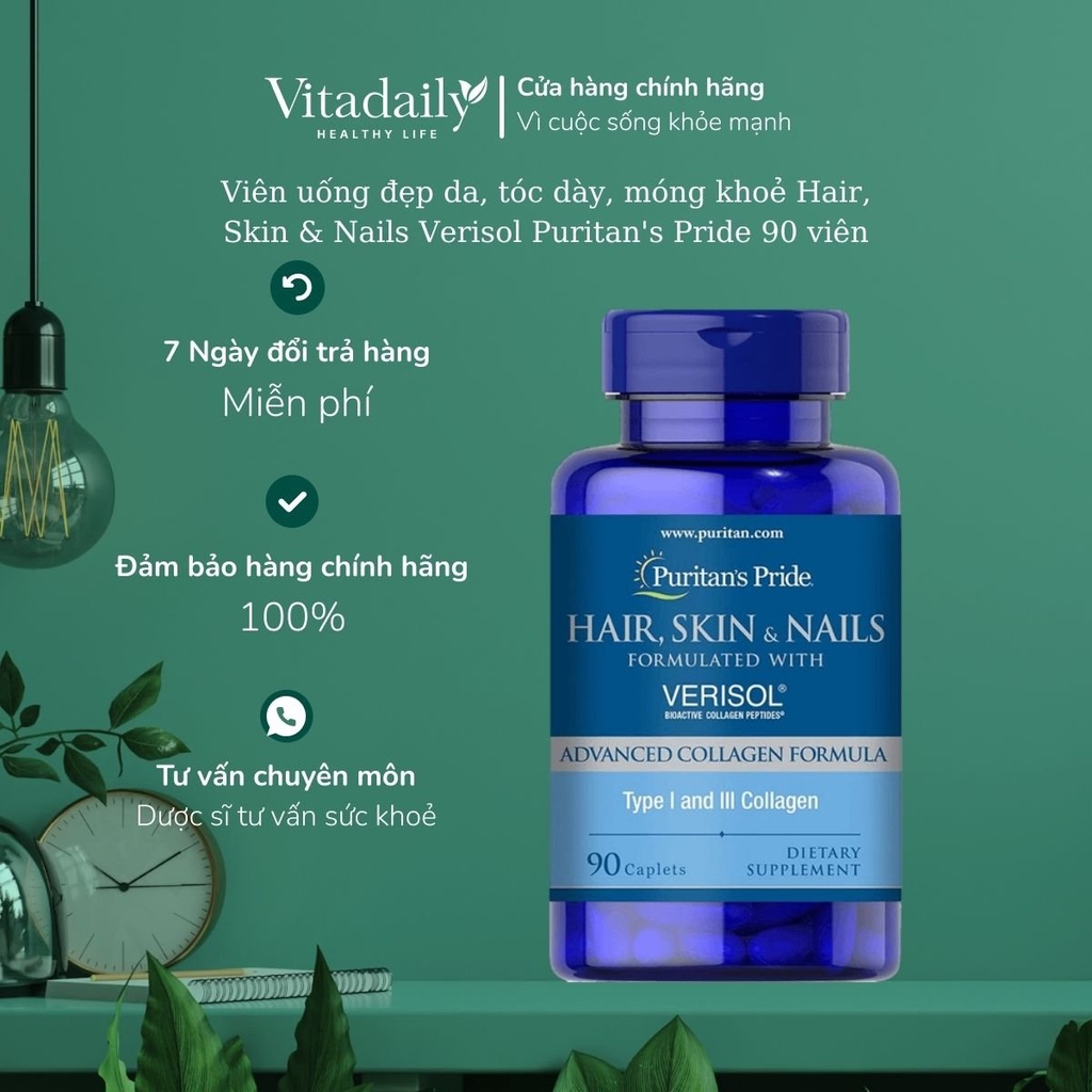 Viên uống đẹp da, tóc dày, móng khoẻ Hair, Skin & Nails Verisol Puritan's Pride 90 viên