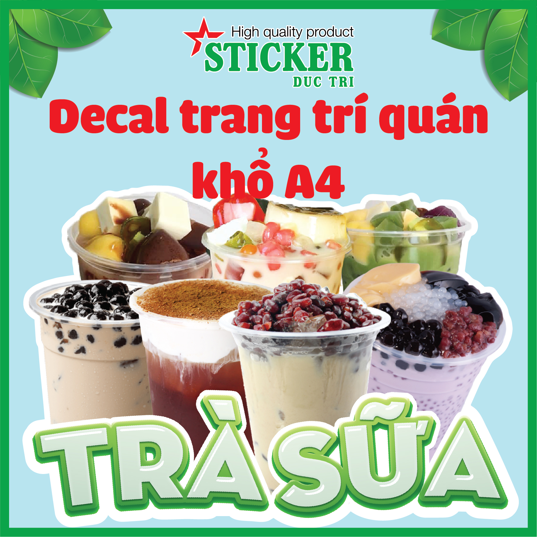 Sticker Decal trang trí quán Trà sữa, Sinh tố, Cà phê, Rau má