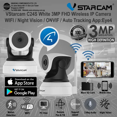 [Authorised SG Vstarcam Distributor] 3MP C24S White Wireless IP Camera WIFI / Night Vision / ONVIF / Auto Tracking App:Eye4