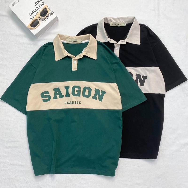 Áo Thun Polo Unisex SAIGON màu XANH LÁ/ĐEN form rộng  Chất thun cotton form nam nữ unisex/Áo thun có