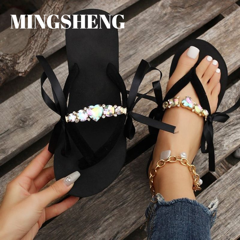 MINGSHENG Women's Summer Rhinestone Decorated Flip-Flops with Ribbon Tie ราคา 432 บาท*ส่งฟรี