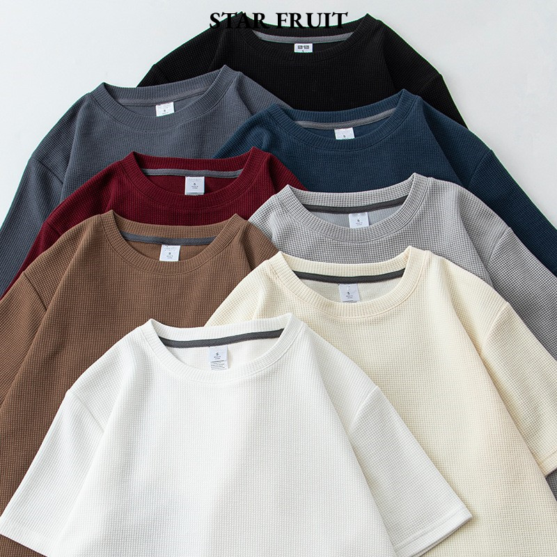Unisex Summer Casual Waffle Knit Short Sleeve T-Shirt with Round Neck