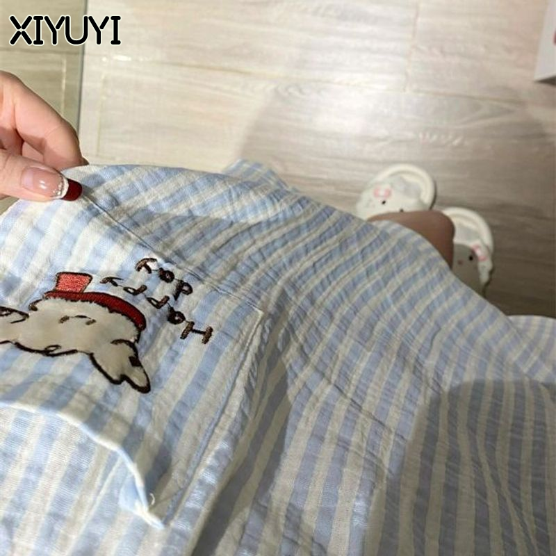 Xiyuyi Bộ đồ ngủ ngọt ngào dễ thương cho phụ nữ mùa hè quần đùi ngắn tay Nhật bản hoạt hình nhà mặc