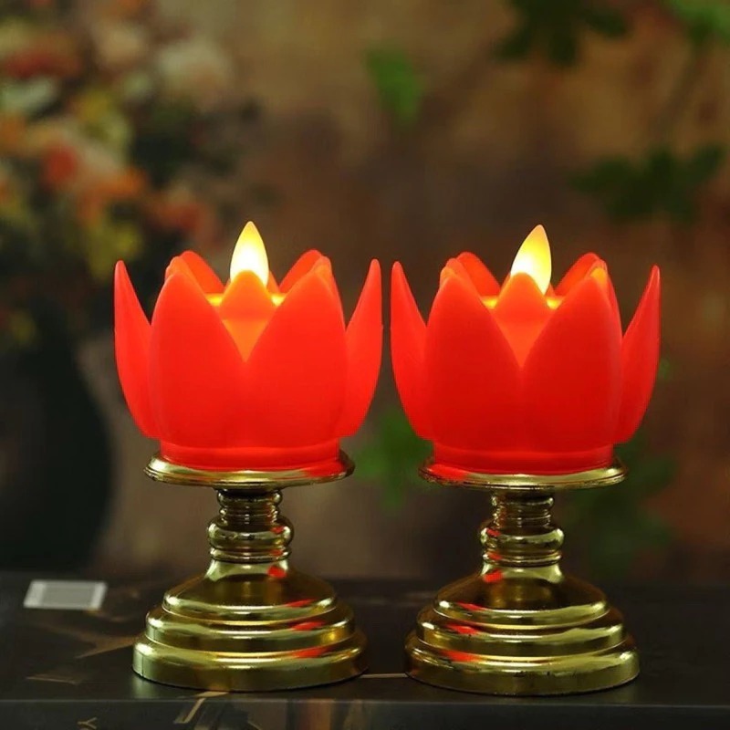 Combo 2 Đèn Nến Hoa Sen Điện Tử Liền Đế - Dùng Để Bàn thờ Phật giáo-Lắp Sẵn Giá 1 Cặp 2 Chiếc
