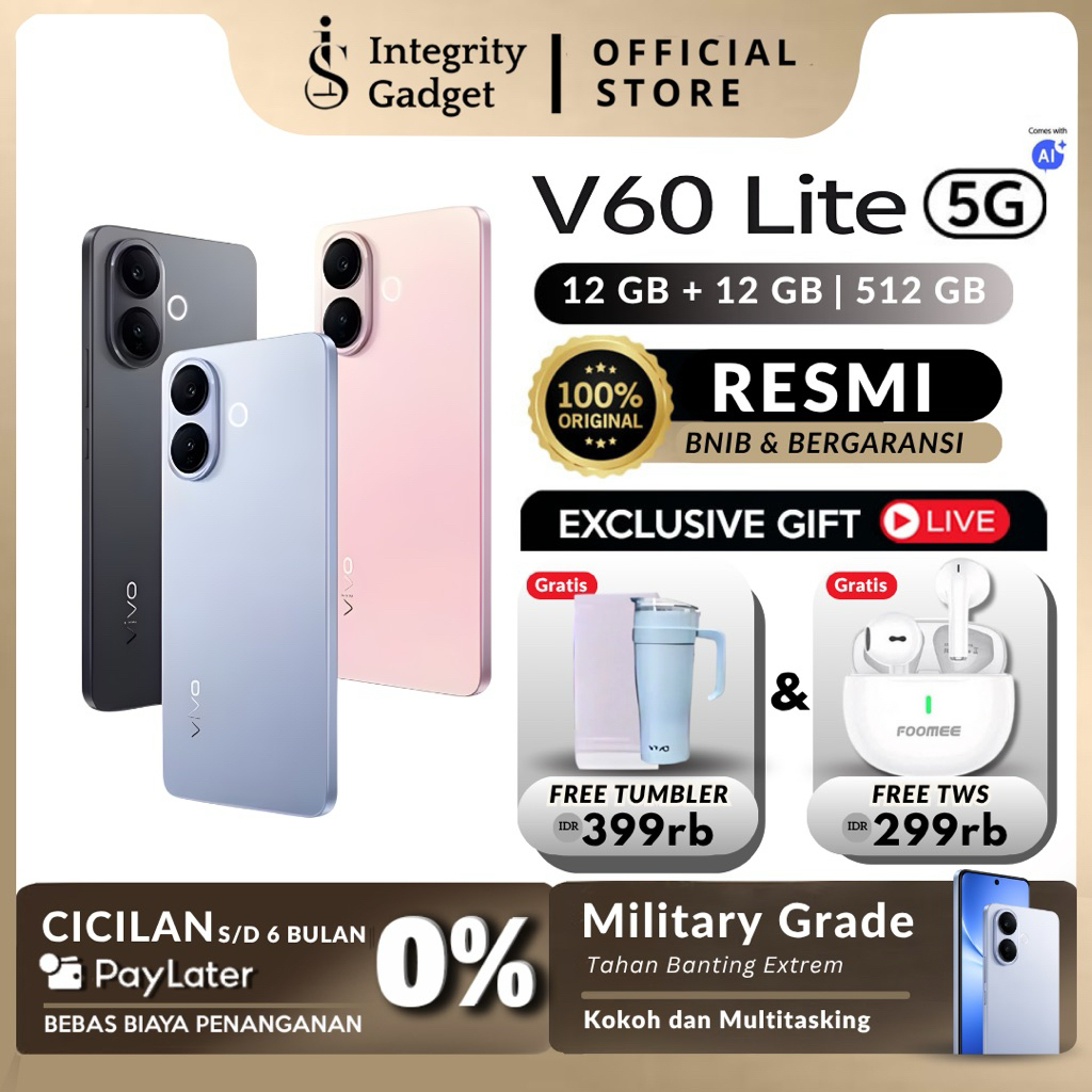 Vivo V60 Lite 5G 12/512GB ( +12GB Extended RAM ) Garansi Resmi Vivo Indonesia Harga  3,799,000 Ringgit*Penghantaran Percuma