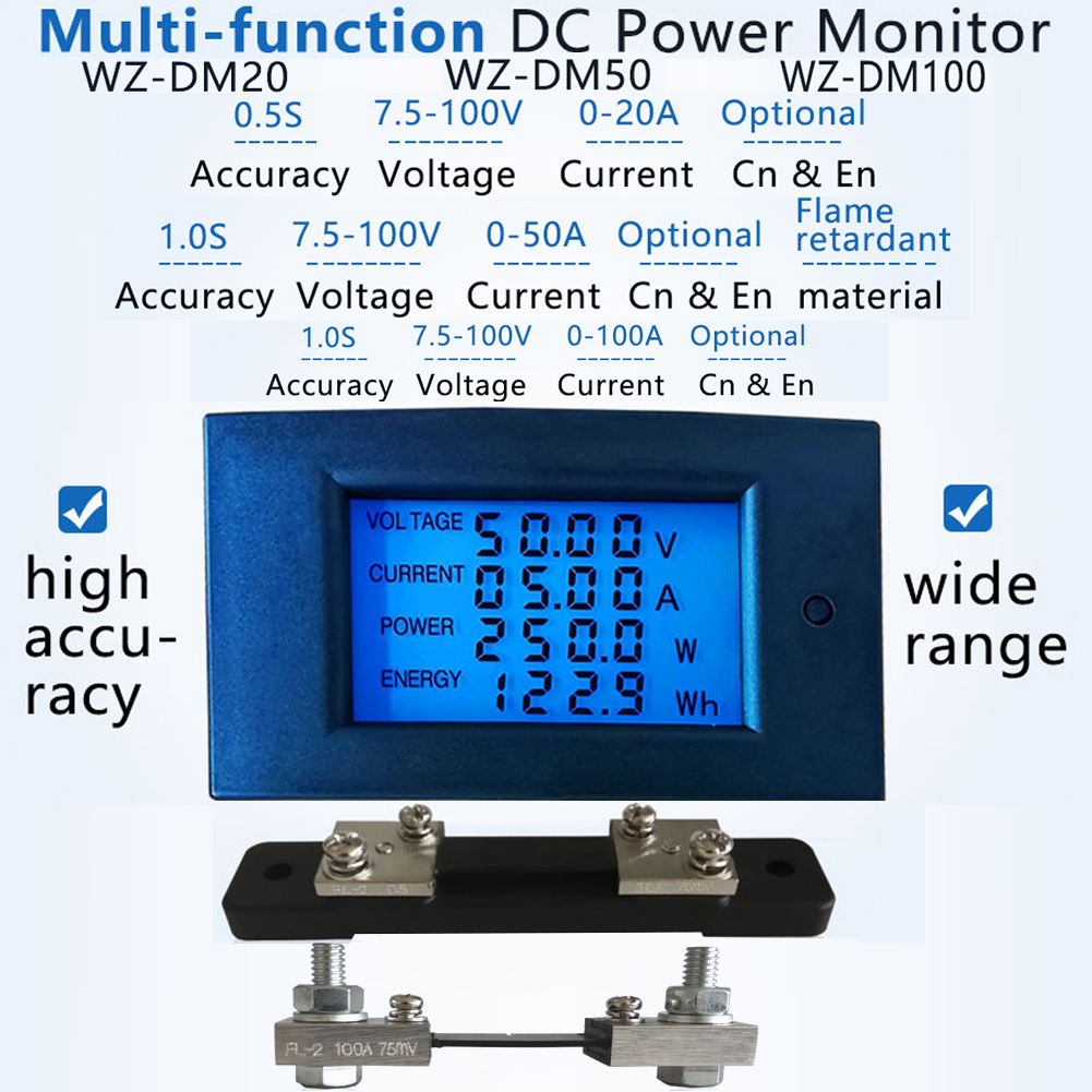 Dc 7.5-100v 20a/50a/100a lcd hiển thị kỹ thuật số hiện tại công suất điện áp đồng hồ đo năng lượng vạn năng ampe kế vôn kế với shunt