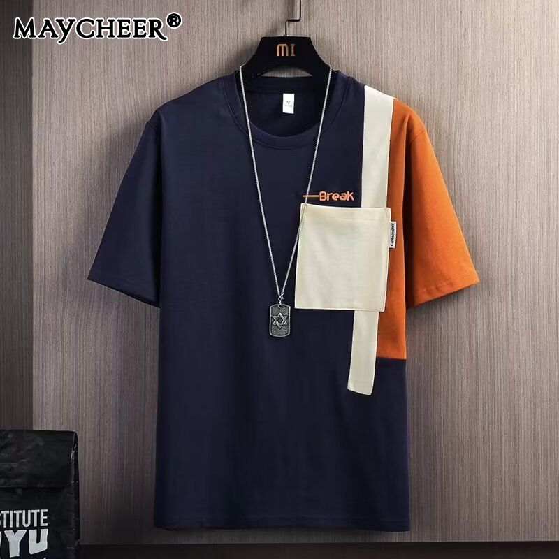 Men's Color Matching Fashion Short Sleeve Crew Neck Casual T-shirt Loose All-Matching Printed Pocket Short Sleeve Top ราคา 112 บาท*ส่งฟรี