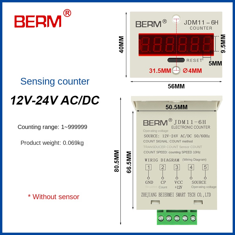 Bộ Đếm Điện Tử BERM JDM11-6H/5H Cao Cấp Có Bộ Nhớ Khi Mất Điện – Công Nghiệp, Tự Động Hóa - 12-24VAC/DC cảm biến