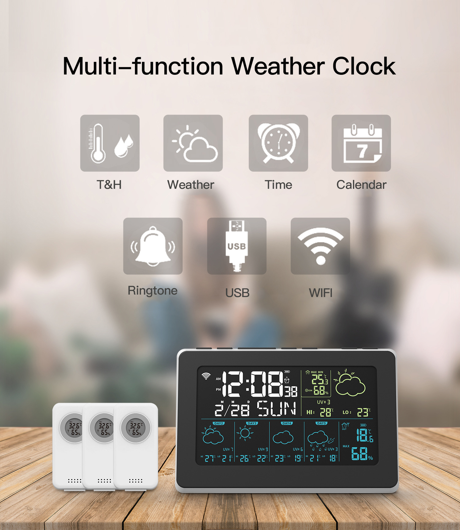 RSH wifi / ble weather station clock with Tuya APP five-day weather station  indoor outdoor temperature and humidity, Weather Station