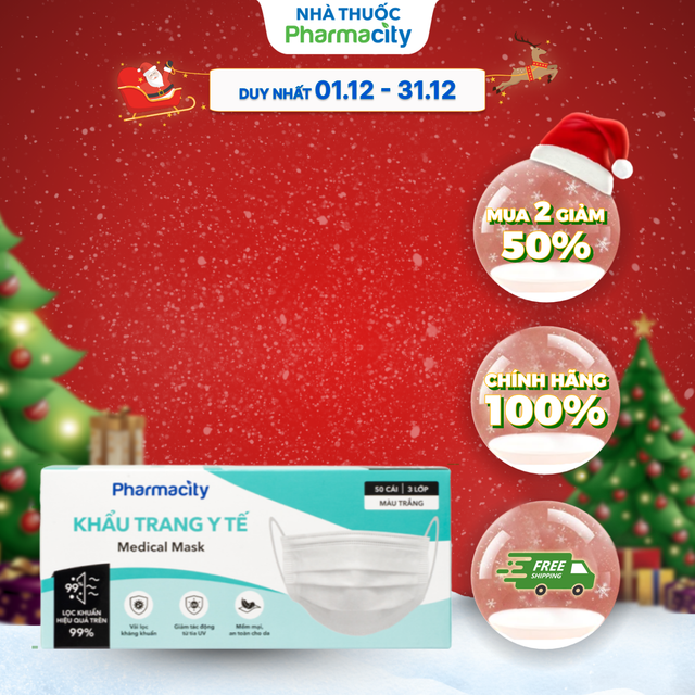  Khẩu trang y tế 3 lớp Pharmacity  Hộp 50 cái  màu trắng 