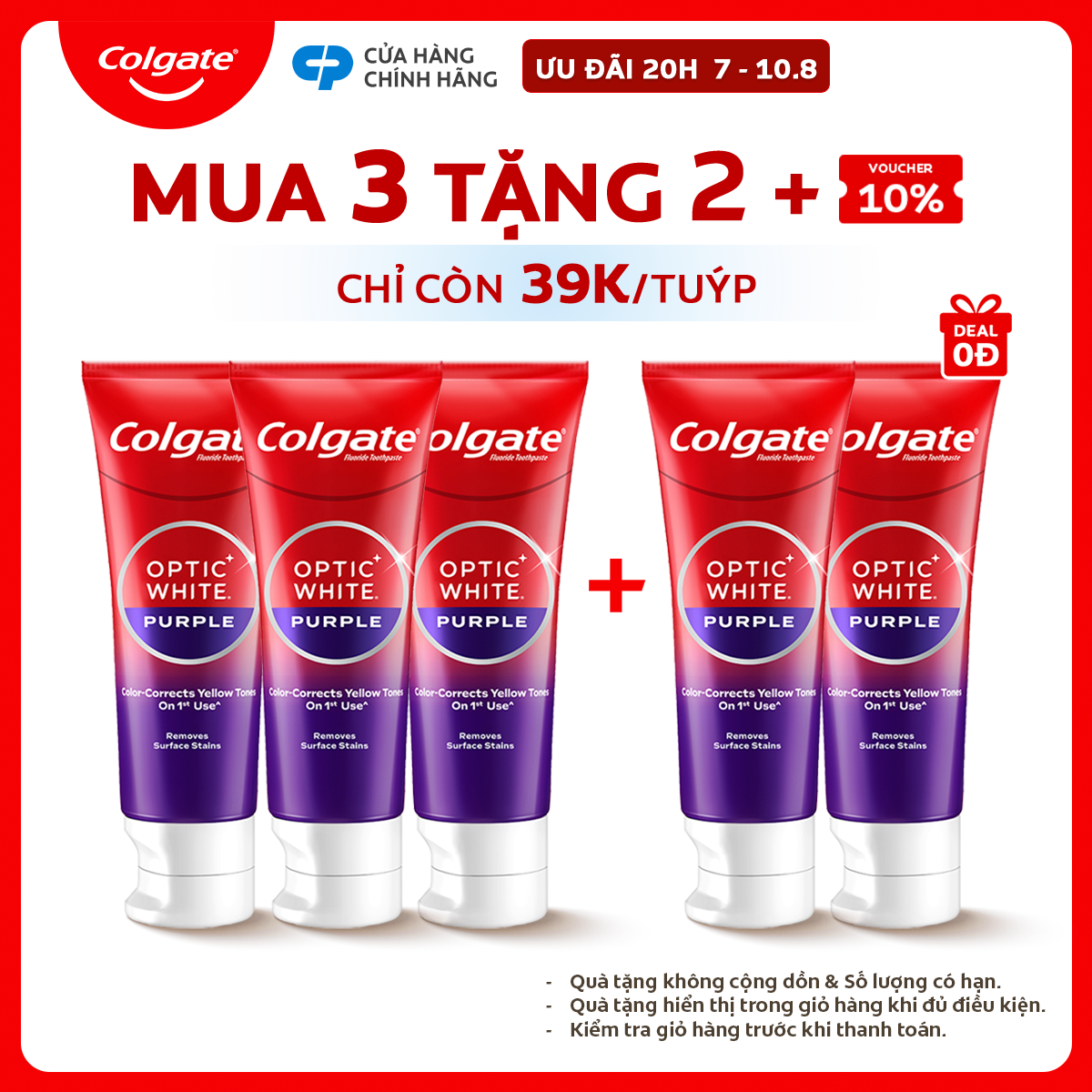[Chỉ 20H 7-10.8_Mua 3 tặng 2] Bộ 3 Kem Đánh Răng Colgate trắng răng Optic White Purple 100g - công nghệ sắc tím, trung hòa sắc vàng cho răng trắng sáng, an toàn cho men răng