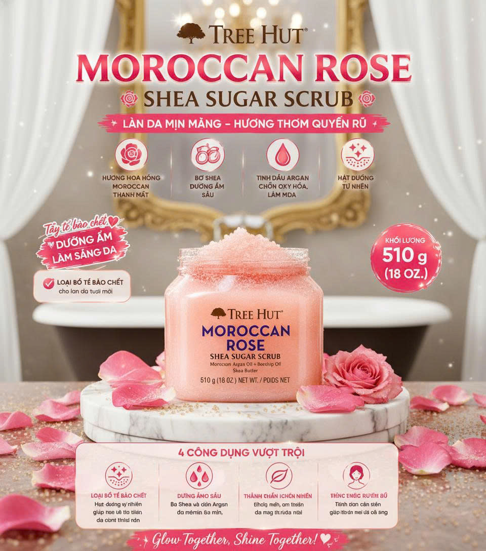 Tẩy Tế Bào Chết Tree Hut Moroccan Rose Shea Sugar Scrub (510g) – Da Mịn Màng, Hương Thơm Quyến Rũ