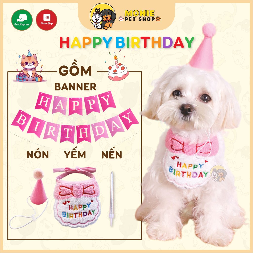Set nón yếm banner Happy Birthday, yếm nón sinh nhật cho chó mèo