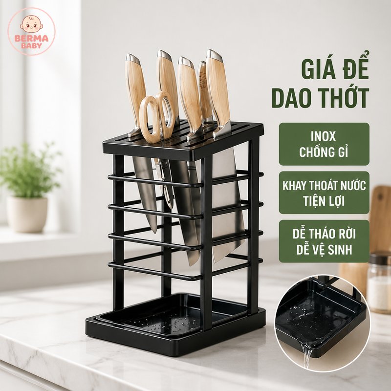 BERMA BABY kệ để dao thớt inox khay hứng nước ống cắm đũa chống gỉ tiết kiệm diện tích kệ bếp để bàn