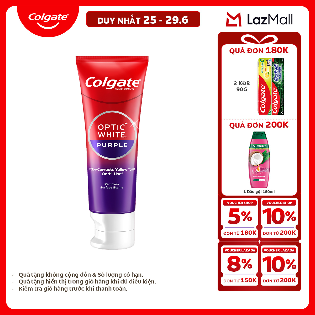 [Chỉ 25-29.6_X2 Voucher giảm đến 20%] Kem Đánh Răng Colgate trắng răng Optic White Purple 100g - công nghệ sắc tím, hiệu chỉnh sắc vàng trên răng
