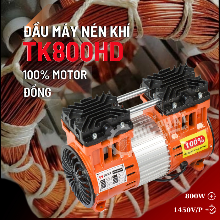 Đầu máy nén khí motor Đồng tốc độ1450v/phút không dầu,CS thực 800W,hiệu TOCKY TK800HD