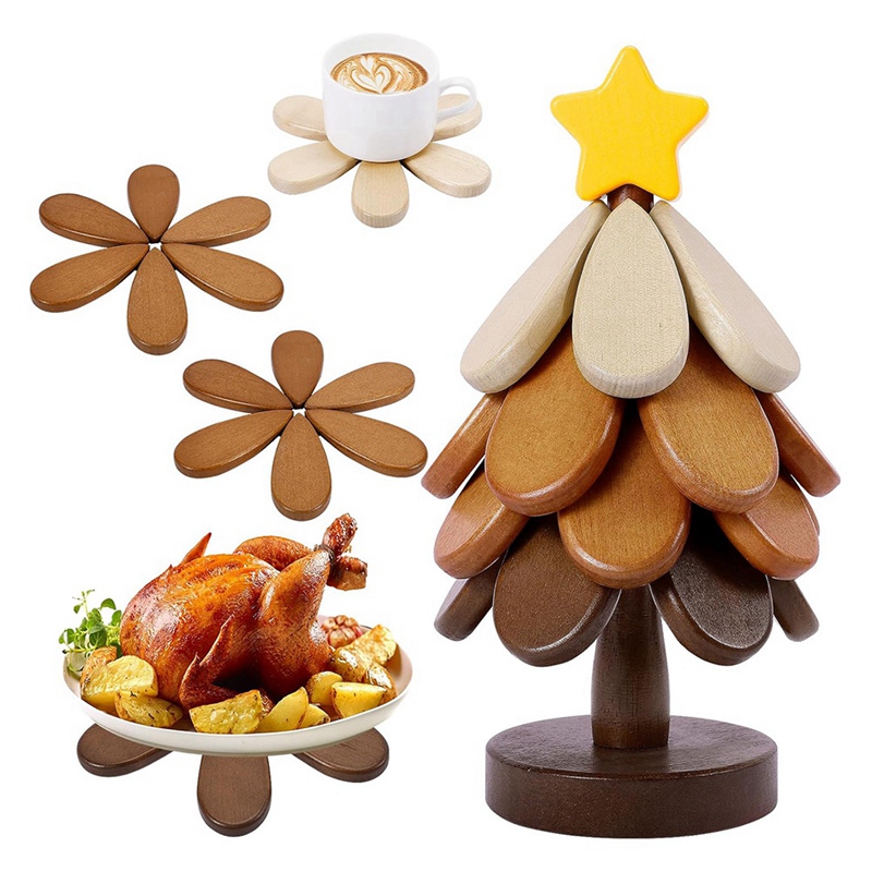 [Waanon]Wooden Tree Trivets Set of 4 for Hot Dishes for Hot Pot Pans, Tree Shape Wood Coasters for Bowls, Teapots Drink