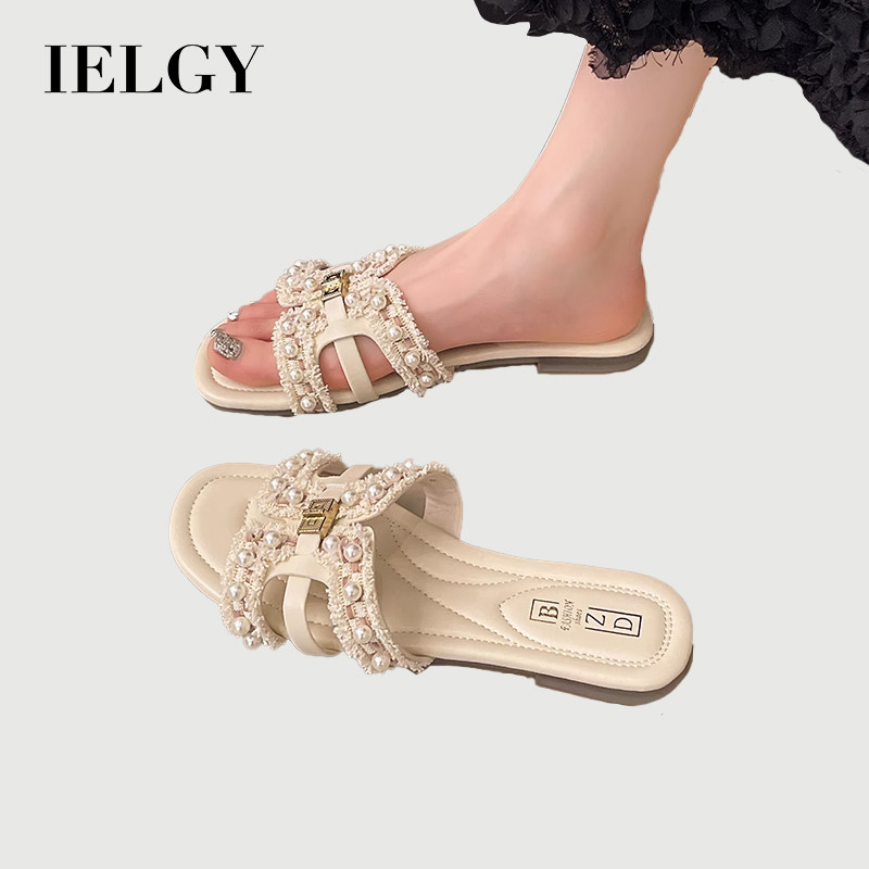 IELGY French pearl slippers women's summer fashion flat beach ราคา 517 บาท*ส่งฟรี