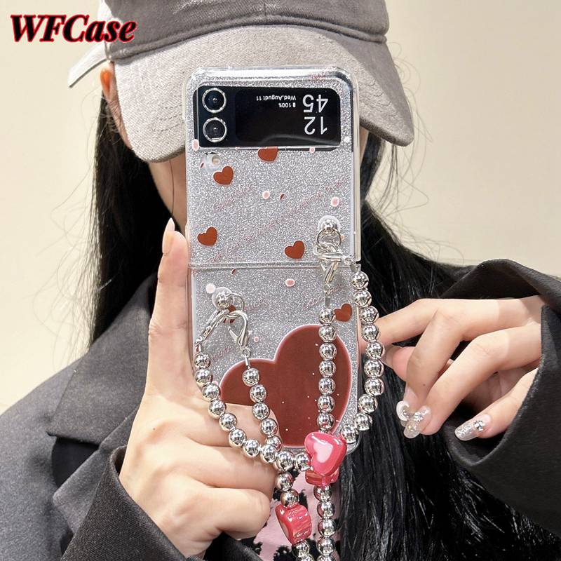 Ốp lưng Wfcase cho Samsung Z Flip5 Samsung Z Flip4 Samsung Z Flip3 Ốp gập tình yêu màu hồng lấp lánh đơn giản  Ốp lưng bảo vệ máy ảnh đầy đủ vỏ điện thoại