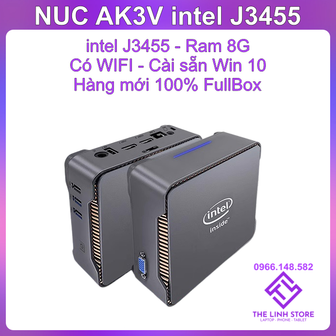 Máy tính Mini PC Intel NUC AK3V mới FullBox - intel J3455 ram 8G nhỏ gọn
