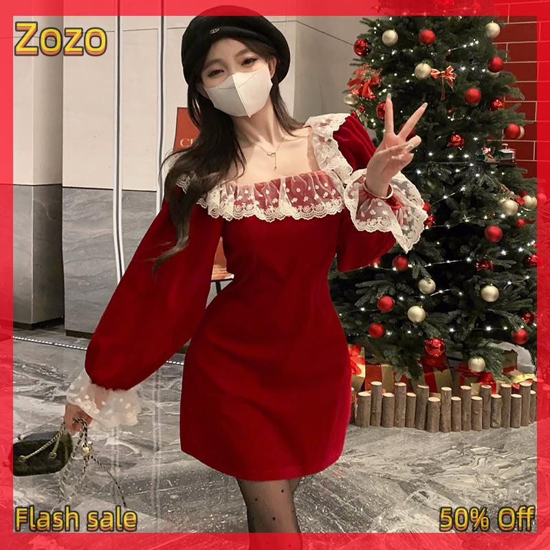 Zozo ✨Ready Stock✨ Christmas Dress Autumn Winter Red Velvet Lace Patchwork Festival Short Dress