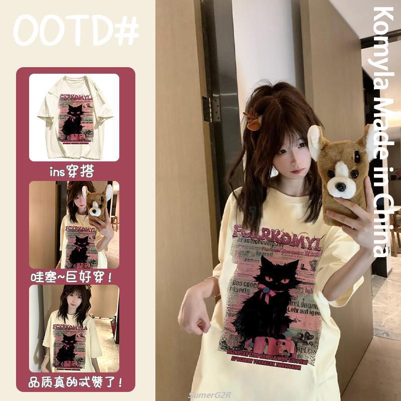 Black Cat Print Design Sense Student Party Top i j4807 Summer Sweet Girl Beige Short-Sleeved T-Shirt Japanese Little