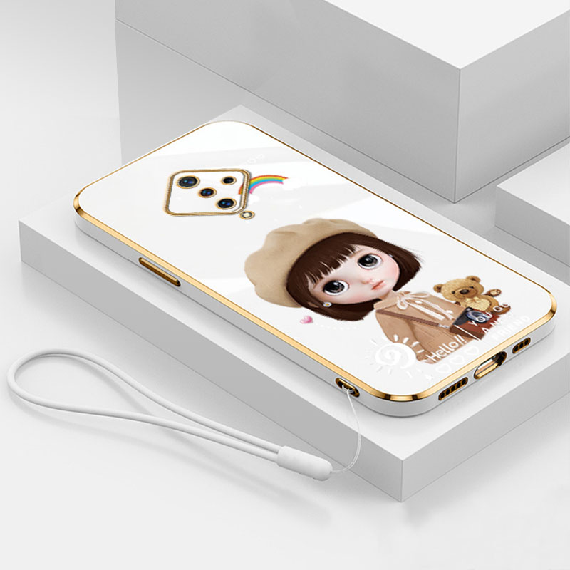 Mạ sang trọng Mũ Cô Gái Dây đeo tay Ốp điện thoại cho Vivo di động y02 y02s y7s Y7 cộng với y9s Y12 y12s y12a Y15 y15s y15a Y16 y17 Y19 Y20 y20s y20a y20i bền lỗ chính xác cao su mềm vỏ điện thoại