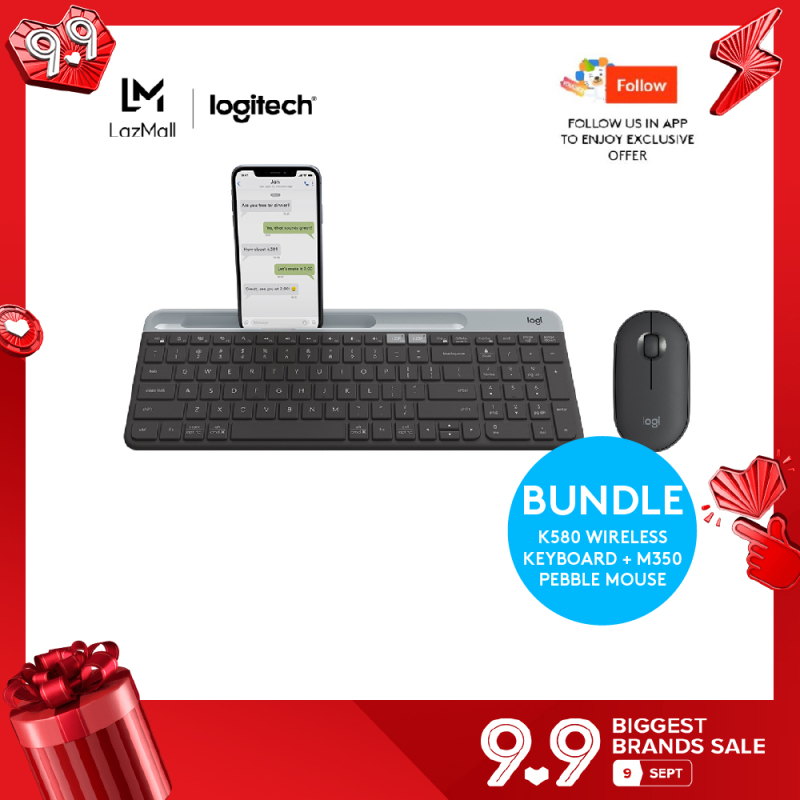 Logitech K580 Slim Wireless Multi-Device Keyboard + Logitech Pebble M350 Wireless Mouse with Bluetooth or USB Singapore