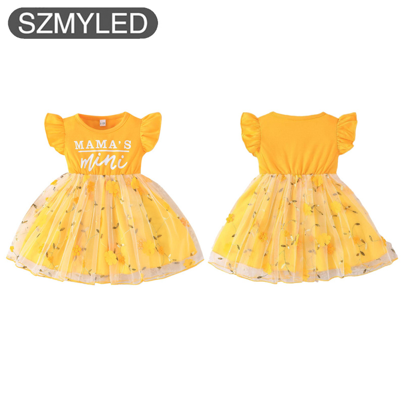 Toddler Girl Summer Dress Letter Pattern Ruffled Sleeve Tulle Tutu Dress Casual Party Dress Sundress