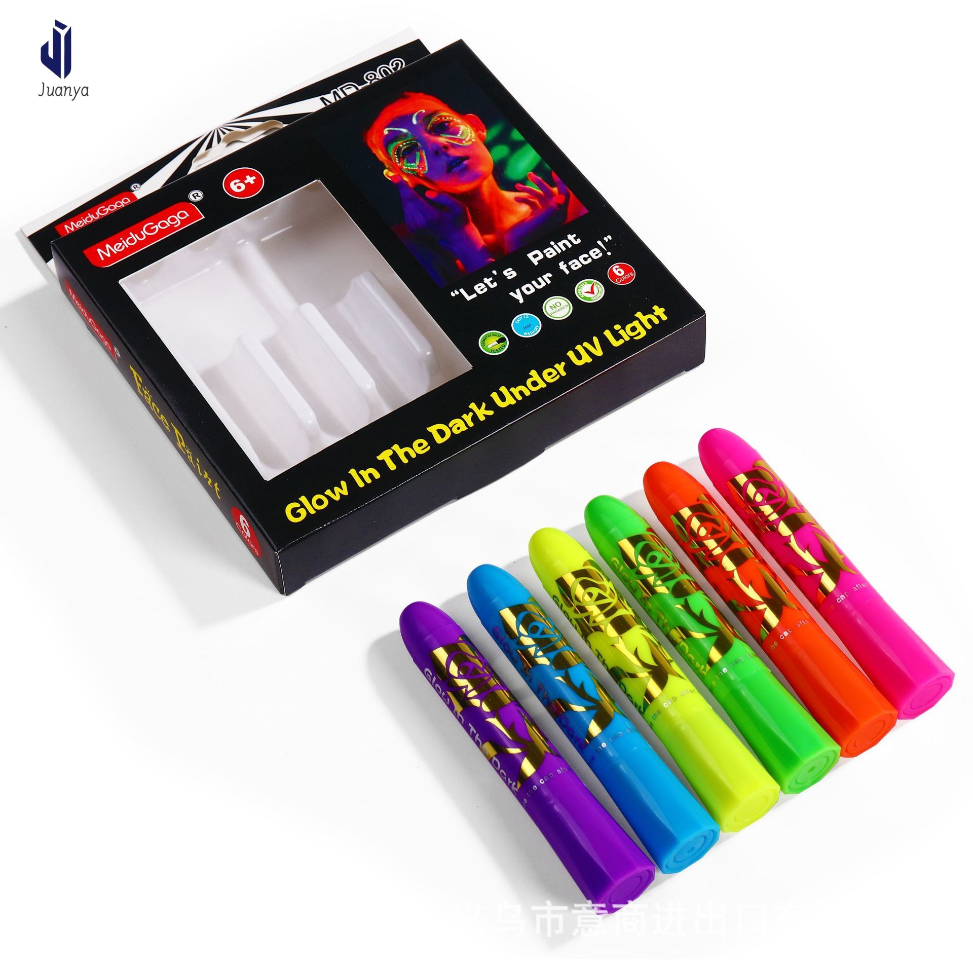 Juanya 6-huỳnh quang màu mặt màu đèn UV, dễ dàng để làm sạch DIY Halloween bút vẽ, cơ thể con người sơn Crayon