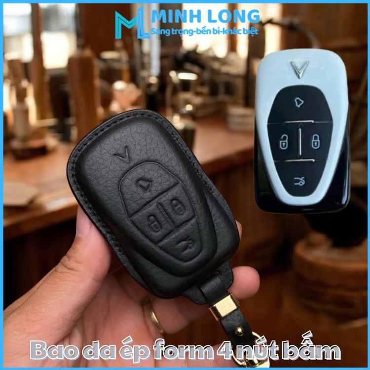 Bao Da Ép Form Chìa Khoá Ô Tô Vinfast VIN-V4 Cho Xe VF6 VF7 VF8 VF9 Mẫu Mới Lồi Bọc Chìa Khoá Da Bò 