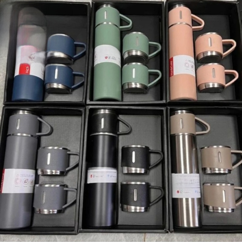500ml Flask Stainless steel water bottle With Extra 2 Cups & Single bottle 160ml extra water -temperature bottle - vaccum bottle -stainless Steel Vacuum Insulated Thermos 500ml Bottle for Hot and Cold Beverages with Coffee Water Cup Travel Kit Perfect Gif