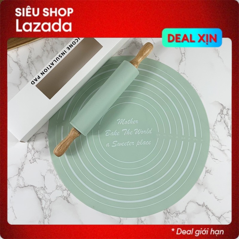 Cây lăn bột kèm thảm silicon làm bánh màu xanh mint siêu dễ thương - BIHALI