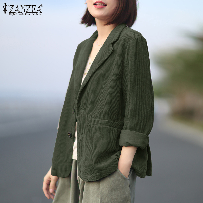 Momonaco ZANZEA phong cách Hàn Quốc Nữ Blazer đi làm trang phục công sở tay áo dài nút áo khoác áo khoác mùa đông nhung kẻ #10