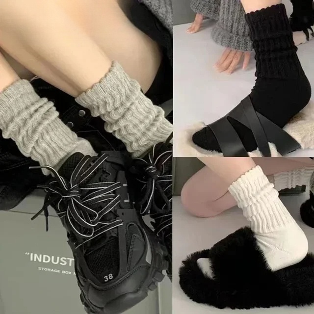 Y2K Dệt Kim tất dài nữ ngọt ngào Cô Gái Màu Đen Trắng Lỏng Crochet Giữa Ống Lolita SOX tất kiểu ủng không che bàn chân Ruffles Vớ
