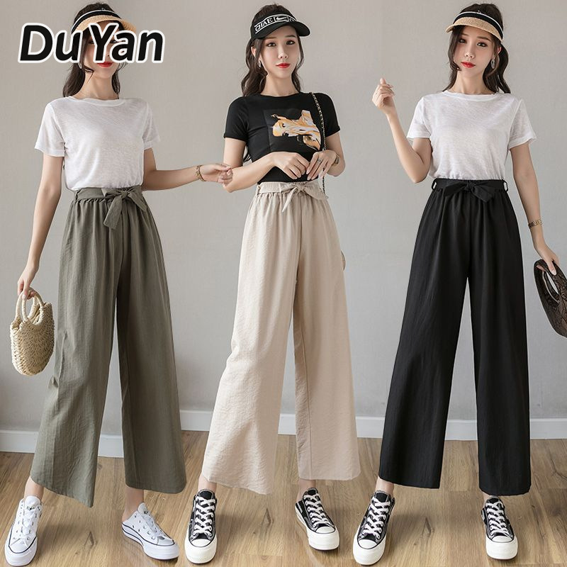 Du YAN quần mát mẻ, quần cạp cao, rộng, thẳng, giản dị, mỏng, chín điểm vải lanh và cotton quần ống rộng